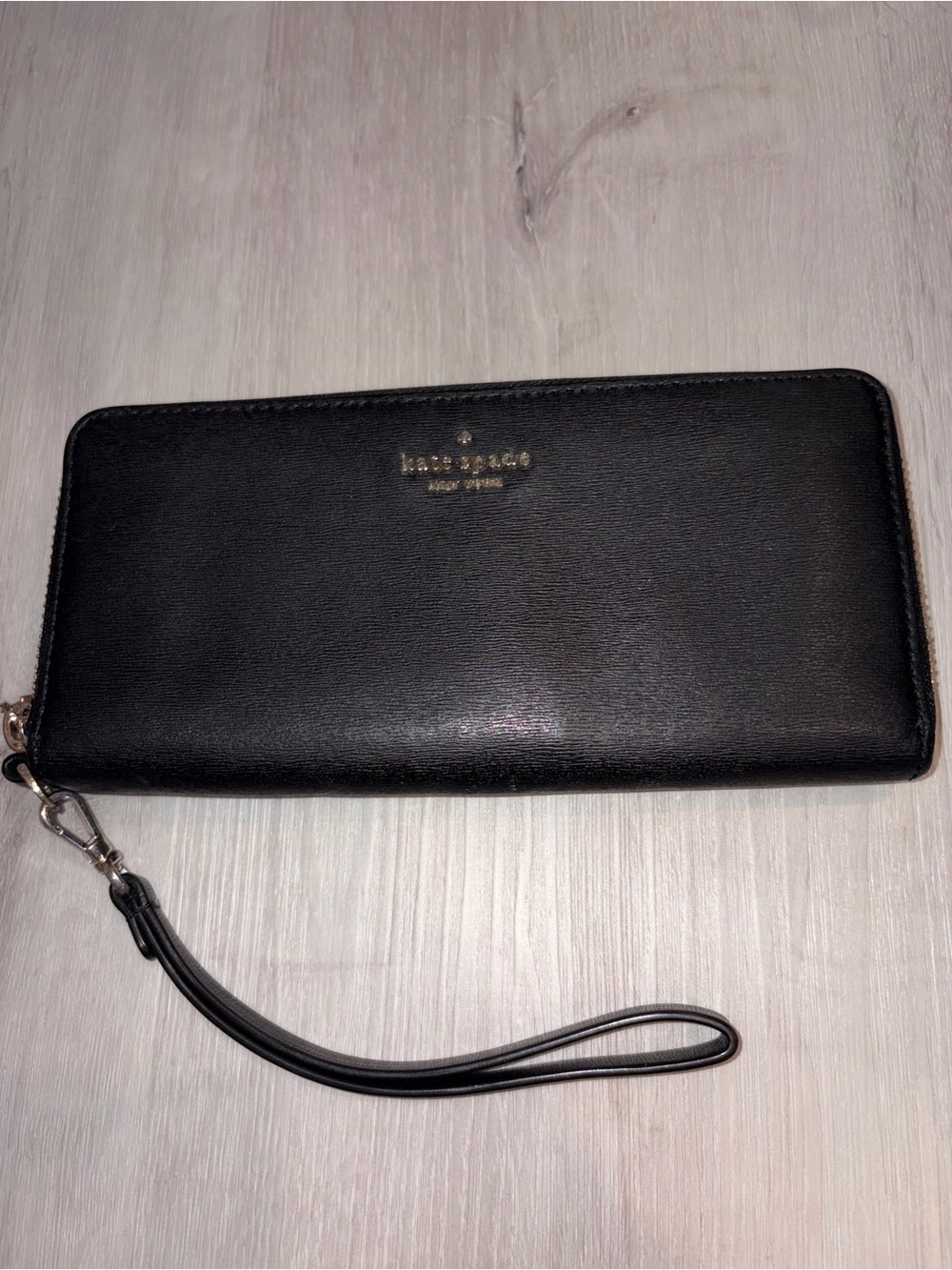 kate spade Black Leather Zip-Around Wristlet Wallet with Gold Logo